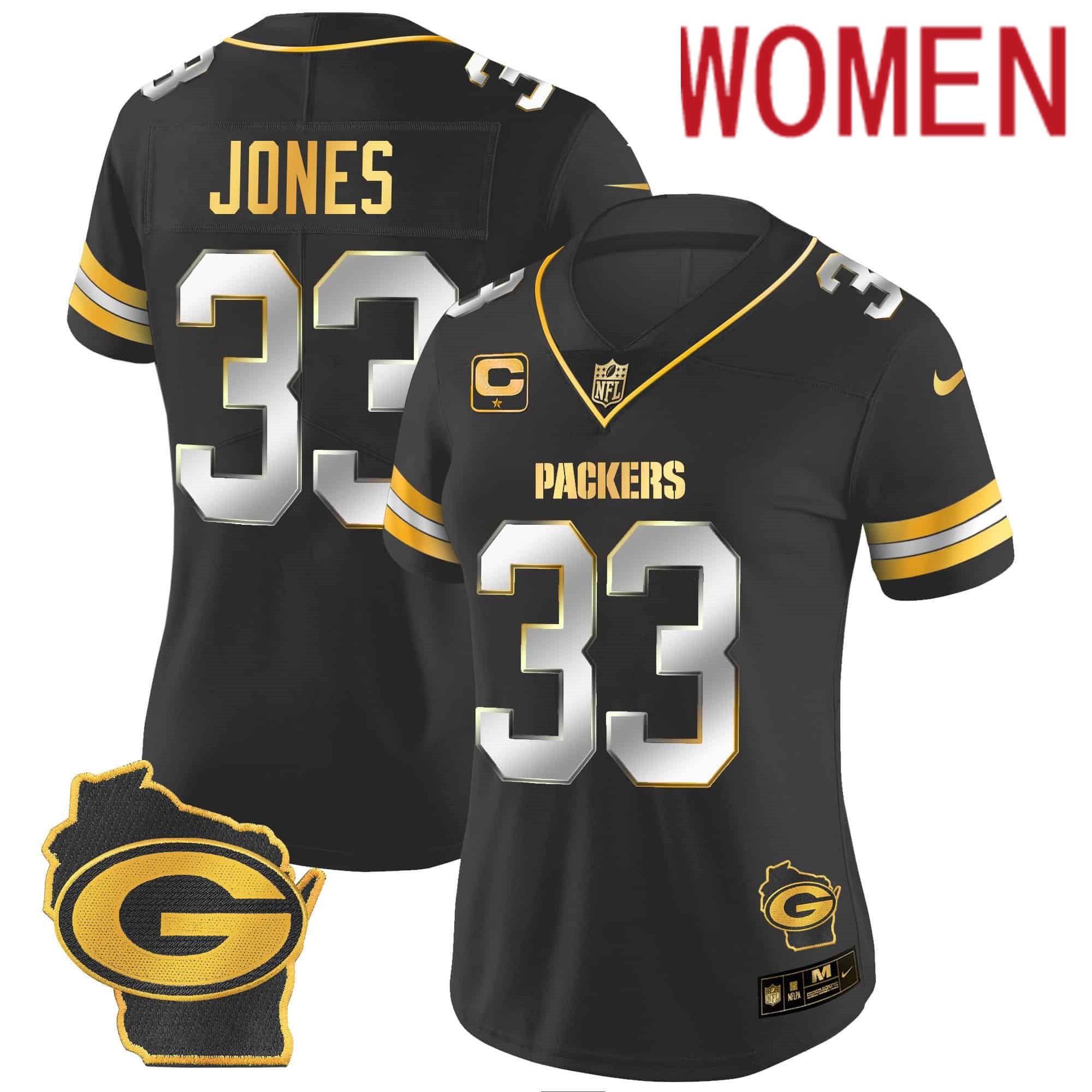 Women Green Bay Packers 33 Jones Black Gold 2024 Nike Home Patch Vapor NFL Jersey style 1